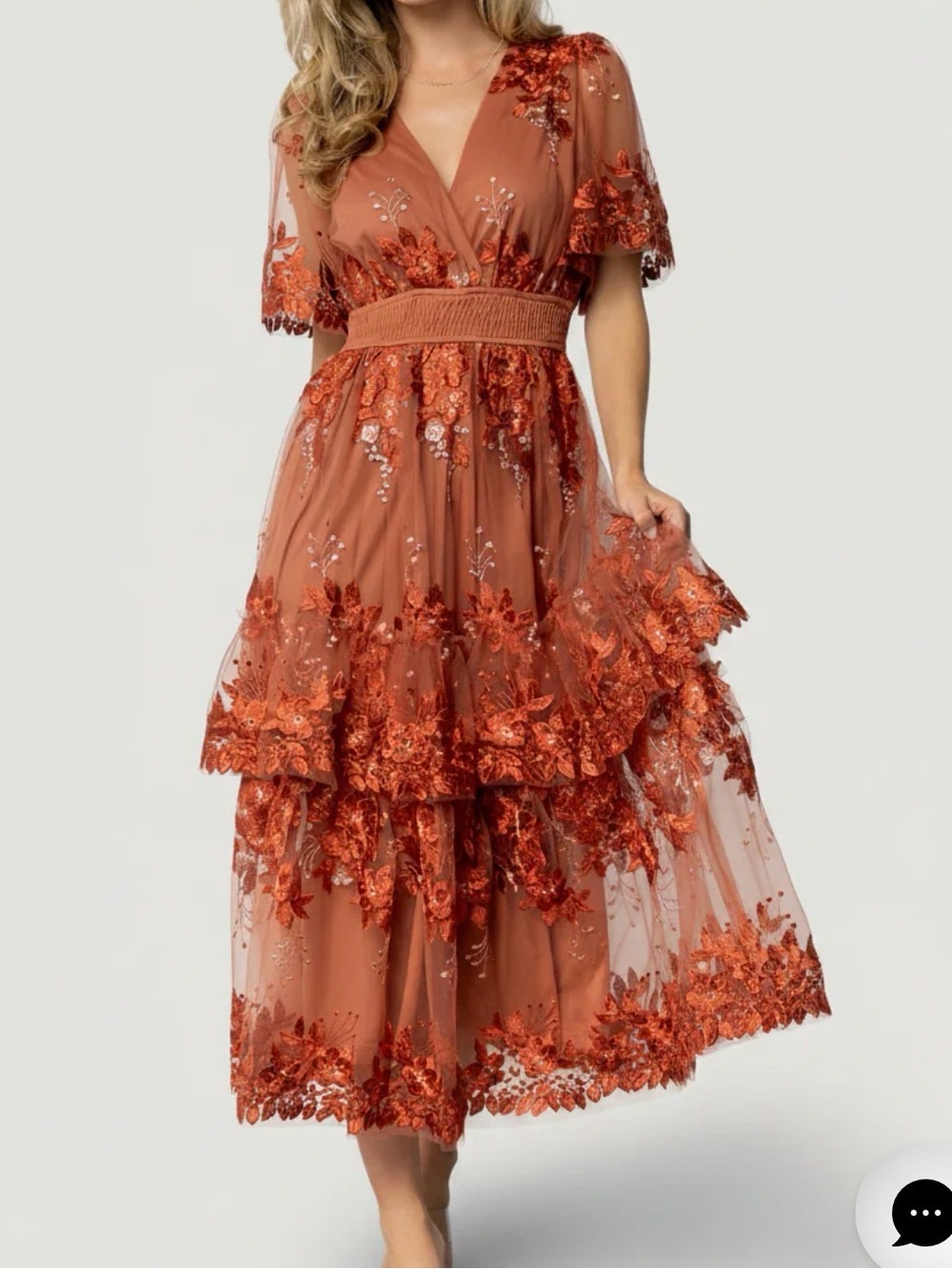 BalticBorn Lotte Embroidered Midi Dress NWT Rust Women's Medium Tiered Tulle - Picture 13 of 13